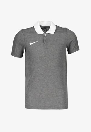 Szara koszulka polo wykonana z miękkiego materiału, z białym kołnierzykiem, trzema guzikami i białym logo Nike na lewej piersi. Krótkie rękawy.