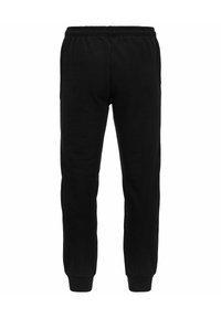 Zwarte trainingsbroek met een elastische tailleband, tapered pijpen en ribbelmanchetten. Gemaakt van een zachte, gestructureerde stof voor comfort. Geen zichtbare zakken.