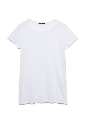 T-shirt bianco a maniche corte con scollo rotondo, realizzato in un tessuto morbido e leggero, caratterizzato da una sottile texture e orlo dritto.