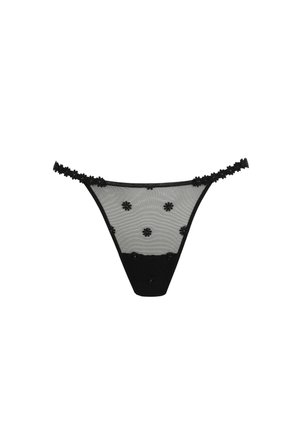 Zwarte kanten string met een doorschijnende mesh voorkant versierd met bloemrijke borduurwerk, een effen zwarte achterkant en delicate gerimpelde randjes.