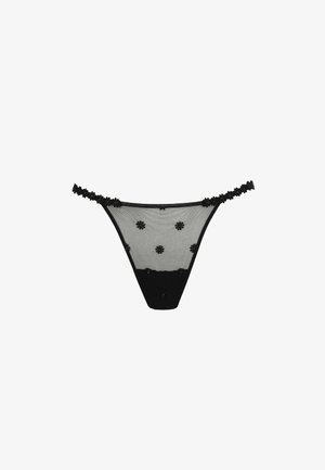 Zwarte kanten string met een doorschijnende mesh voorkant versierd met bloemrijke borduurwerk, een effen zwarte achterkant en delicate gerimpelde randjes.