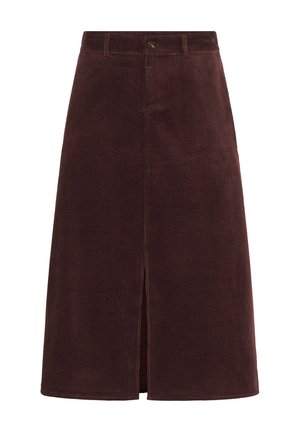Dark brown corduroy midi skirt with front slit, belt loops, and button closure at the waist.