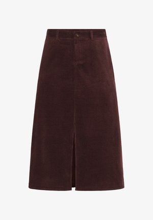 Gonna midi in velluto a coste marrone scuro con spacco frontale, passanti per cintura e chiusura con bottone in vita.