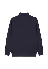 Granatowa bluza z wysokim kołnierzem, długimi rękawami i ściągaczami na mankietach. Wykonana z miękkiej tkaniny o gładkiej fakturze.