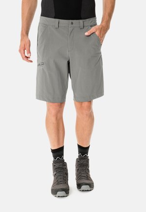 Herren graue Shorts, leichtes Material, normale Passform, zwei Vorderaschen, seitliche Reißverschlusstasche, flacher Bund, kombiniert mit dunklen Wanderschuhen und Socken.