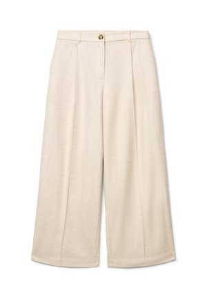 Pantaloni beige a gamba larga con pieghe frontali, passanti per cintura, tasche laterali e chiusura frontale con bottoni.