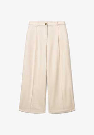 Pantalon beige à jambes larges avec plis à l'avant, passants de ceinture, poches latérales et fermeture à bouton sur le devant.