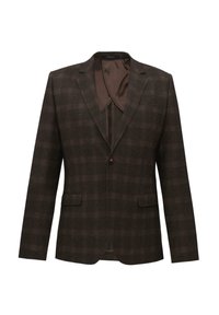 Brązowa marynarka w kratę, wykonana z teksturowanej tkaniny. Posiada klapowy kołnierz, pojedyncze zapięcie na guzik oraz dwie przednie kieszenie. Podszewka wewnętrzna.
