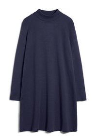 Robe en maille bleu marine à manches longues avec col montant, silhouette droite, sans motifs ni ornements visibles.