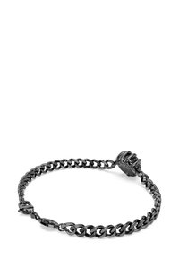 Schwarzes Metallkettenarmband mit miteinander verbundenen Gliedern, einem strukturierten Verschluss und einem markanten, abgerundeten Akzentdetail für zusätzliche visuelle Wirkung.