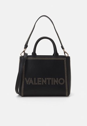 Black leather handbag with gold-tone studs, featuring the "VALENTINO" logo. Includes short handles and a detachable shoulder strap.