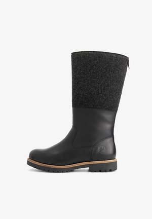 Zwarte leren en donkergrijze wollen laars tot halverwege de kuit met een gestructureerde zool en een zijrits, met een klein reliëflogo nabij de hak.