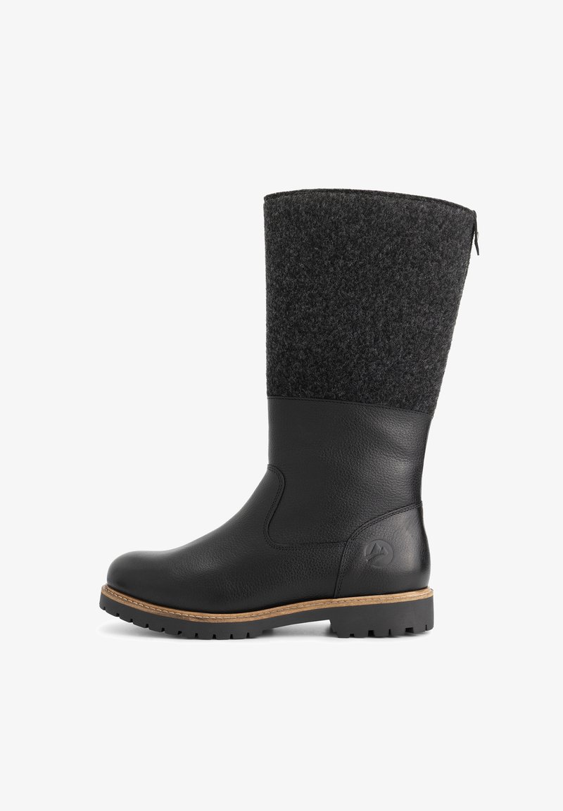 Zwarte leren en donkergrijze wollen laars tot halverwege de kuit met een gestructureerde zool en een zijrits, met een klein reliëflogo nabij de hak.