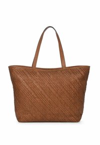 Bolso tote tejido marrón con asas dobles, que presenta un patrón diagonal y una forma estructurada. Fabricado con material duradero y textura suave.