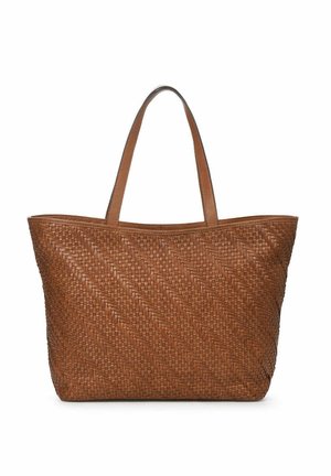 Geweven bruine tote tas met dubbele handvatten, met een diagonaal patroon en een gestructureerde vorm. Gemaakt van duurzaam materiaal met een gladde textuur.