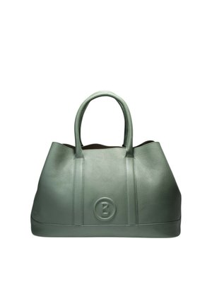 Grøn læderhåndtaske med to håndtag, rund form og præget cirkulært logo med bogstavet "B" i midten foran.