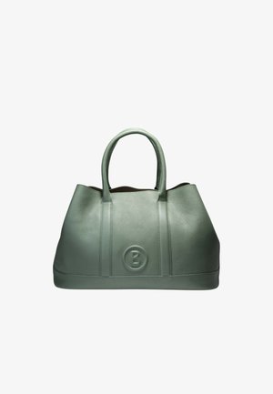 Borsa a mano in pelle verde con due manici, forma arrotondata e logo circolare in rilievo con la lettera "B" al centro frontale.