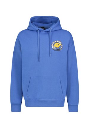 Blauer Kapuzenpullover mit einer vorderen Kängurutasche, Kordelzug-Elementen und einem grafischen Druck eines lächelnden Sonnenmotivs sowie dem Text "SUMMERVIBES".