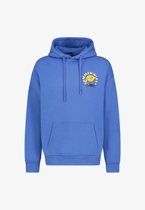 Blue hooded sweatshirt with a front kangaroo pocket, drawstring features, and a graphic print of a smiling sun and "SUMMERVIBES" text.