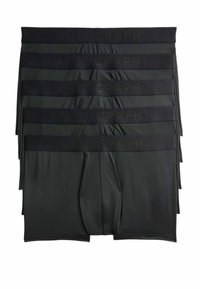 Calzoncillos boxer negros apilados en fila, hechos de una tela suave, con una cinta negra gruesa que lleva la inscripción "AUTOGRAPH" en letras en relieve.