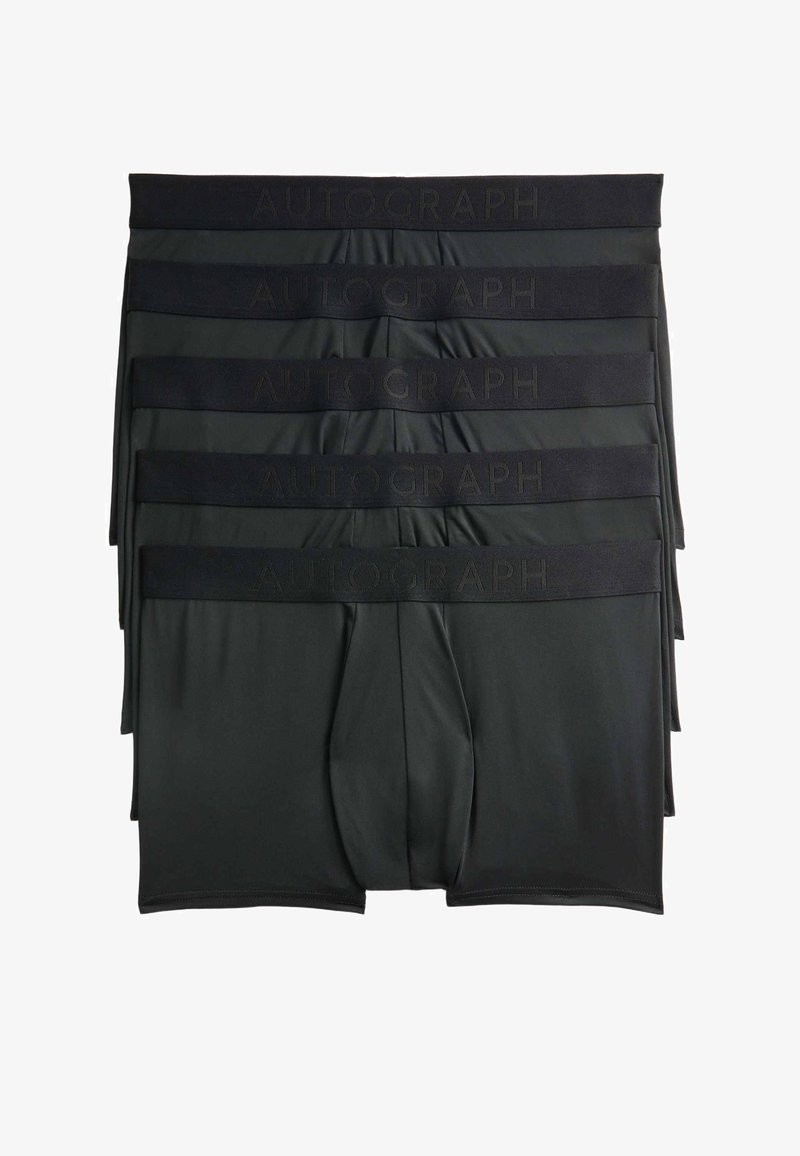 Calzoncillos boxer negros apilados en fila, hechos de una tela suave, con una cinta negra gruesa que lleva la inscripción "AUTOGRAPH" en letras en relieve.