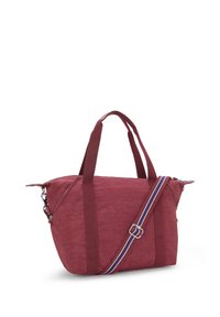 Borsa a tote in tessuto rosso con doppie maniglie superiori e una tracolla staccabile con un'accents a righe. Chiusura con cerniera e forma angolare.