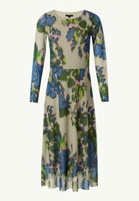 Langärmliges Kleid mit einem gemischten Blumenmuster in Blau, Grün und Pink auf einem hellbeigen Hintergrund; weicher Stoff mit fließender Silhouette.