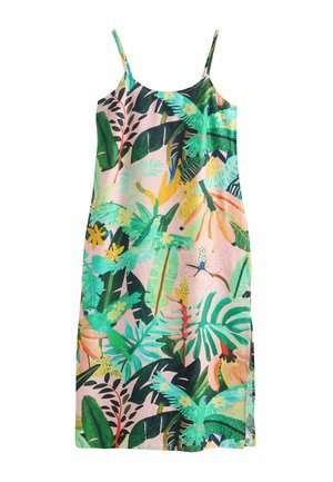 Varrukateta midipikkuses kleit troopilise mustriga, kus on rohelised papagoid, suured lehed ja erksad lilled kahvatu roosa taustal.