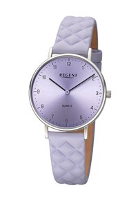 Quartz watch with a round silver case, light purple dial, and black hour markers. Features a textured lavender silicone strap.