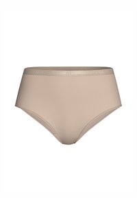 Mutande hipster da donna beige realizzate in tessuto morbido. Presentano una finitura liscia con un elastico leggero in tono dorato metallico.