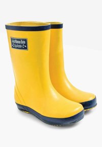 Bottes de pluie en caoutchouc jaunes avec une bordure et une semelle bleu marine. Étiquette en vedette : "JoJo Maman Bébé Splash." Texture lisse, design hauteur de cheville.