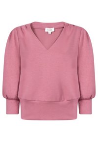 Roze pullover top, gemaakt van zacht materiaal, heeft een v-hals, lange pofmouwen en een getailleerde taille. Minimalistisch ontwerp zonder patronen.