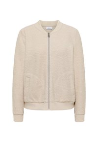 Beige Bomberjacke aus strukturiertem Stoff, mit einem Frontreißverschluss, gerippten Bündchen und zwei seitlichen Taschen.