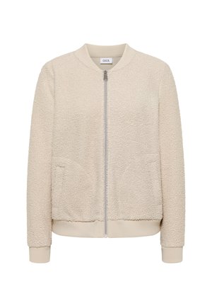 Veste bomber beige en tissu texturé, dotée d'une fermeture éclair à l'avant, de poignets côtelés et de deux poches latérales.