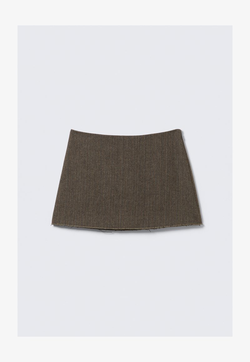 Brown herringbone skirt with a flared shape, made of woven fabric. Features raw edges and a smooth texture. No visible closures or details.