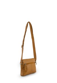 Tan leather crossbody bag with a textured finish, adjustable strap, front zip pocket, and a rectangular shape.