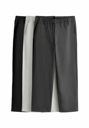 Set of three elastic waist casual pants in dark gray, light gray, and black, shown folded and layered vertically.
