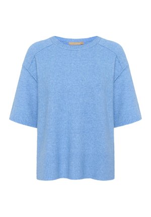 Maglione azzurro chiaro realizzato in morbido tessuto a maglia. Presenta maniche corte, orlo a coste e una ampia scollatura a girocollo. Design casual e vestibilità comoda.