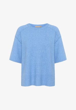 Svetlo modra pulover iz mehkega pletenega blaga. Ima kratke rokave, rebrast rob in širok spošni ovratnik. Ohlapen, prostoren kroj.