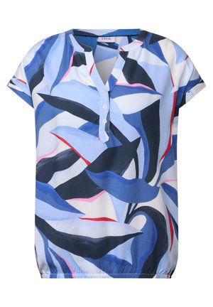 Short-sleeve blouse featuring a colorful leaf pattern in blues, pinks, and reds, with a buttoned neckline and elastic hemline.