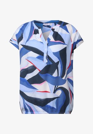 Blouse à manches courtes avec un motif de feuilles colorées dans des tons de bleu, rose et rouge, avec un col boutonné et un ourlet élastique.