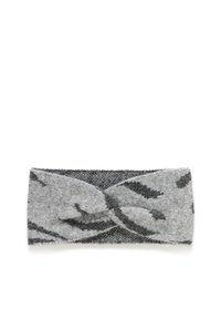 Diadema de punto en gris y negro con un diseño retorcido y un patrón abstracto de hojas. Fabricada con un material suave y texturizado.
