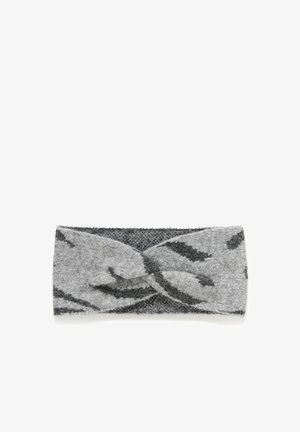 Knit headband in gray and black featuring a twisted design and an abstract leaf pattern. Made from soft, textured material.