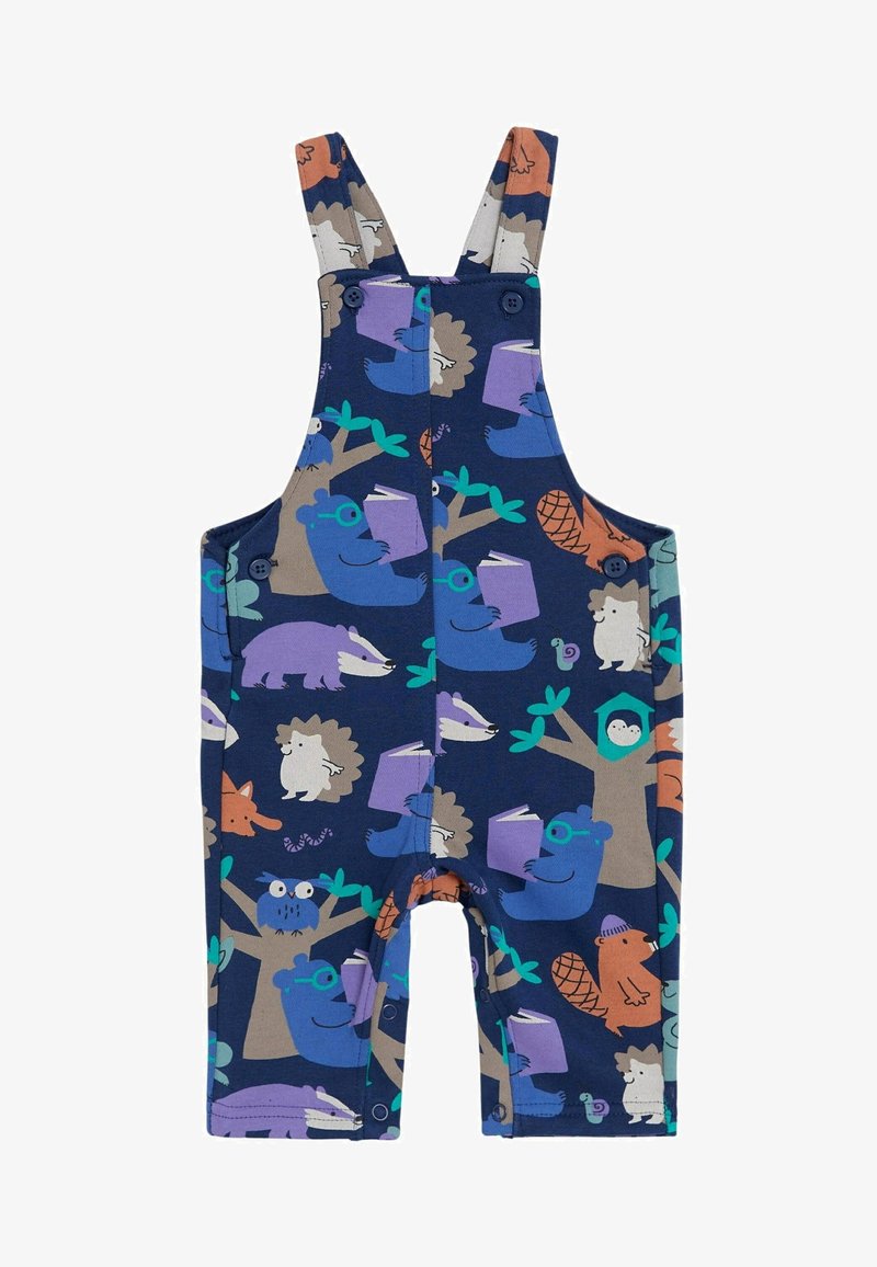 Barboteuse bleu marine pour enfants avec bretelles, présentant des animaux colorés de la forêt lisant des livres et des arbres avec des feuilles et des branches.