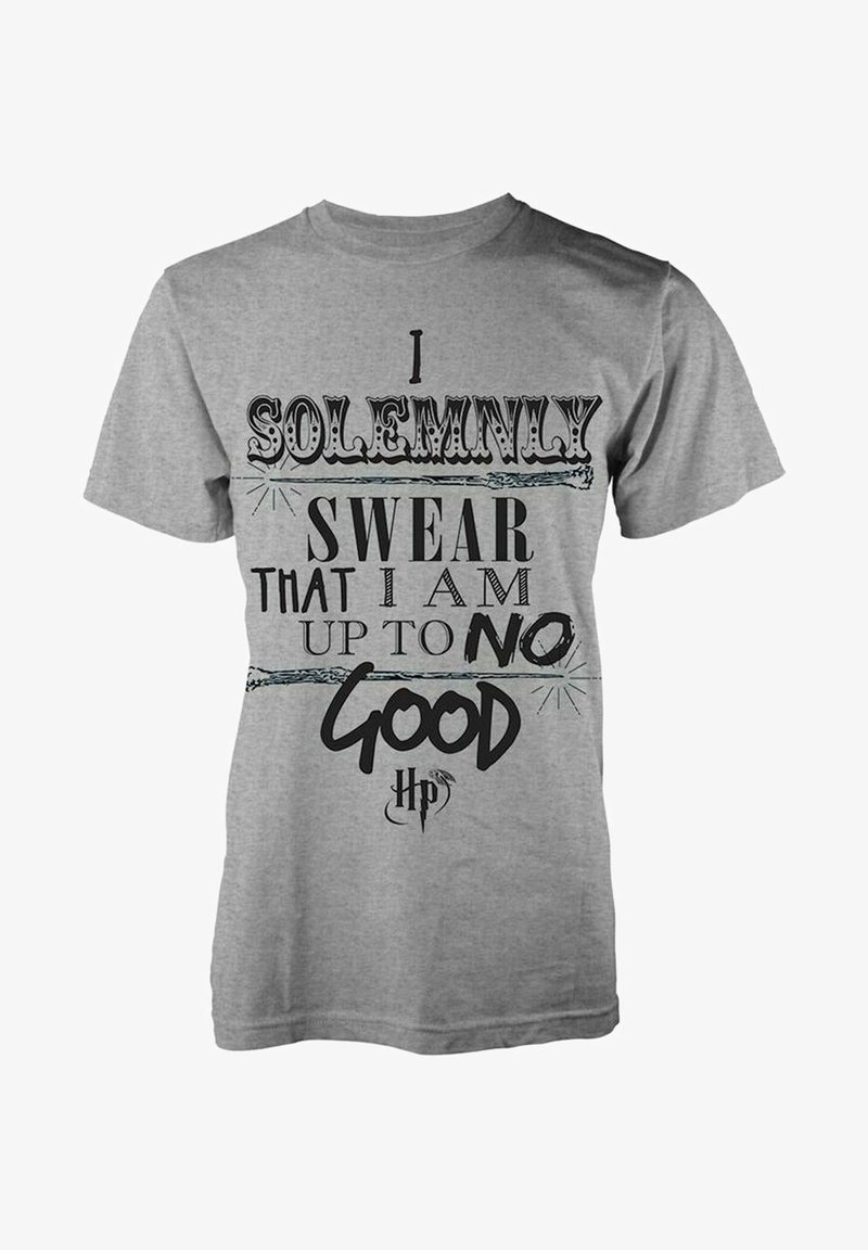 Grå bomulds t-shirt med sort og blå tekst: "Jeg sværger solemn, at jeg ikke har gode intentioner" med dekorative accenter og et HP-logo.