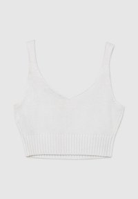 Top corto bianco lavorato a maglia con scollo a V, spalline sottili e orlo a coste testurizzato. Il tessuto appare morbidissimo e leggero.