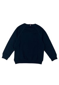 Felpa blu scura con lunghe maniche raglan, polsini e orlo a coste, caratterizzata da una piccola etichetta rossa e bianca sul colletto posteriore. Texture del tessuto morbida.