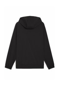 Chaqueta negra con capucha, puños y dobladillo elásticos, con textura suave y diseño minimalista, sin logotipos visibles ni detalles metálicos.