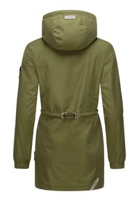 Olive green waterproof jacket with a cinched waist, adjustable hood, and logo tag. Features long sleeves and a smooth, textured finish.