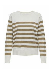 Pull crème avec de larges rayures horizontales taupe foncé, manches longues, ourlet et poignets côtelés, et un design décontracté. Tissu doux et texturé.